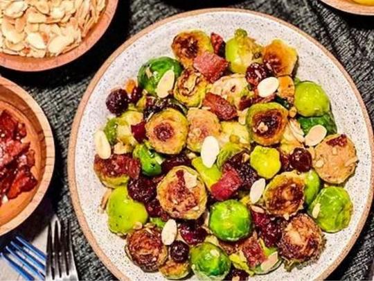 Brussels and Bacon with Cranberries and Almonds