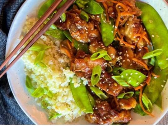 crispy orange chicken and snow peas